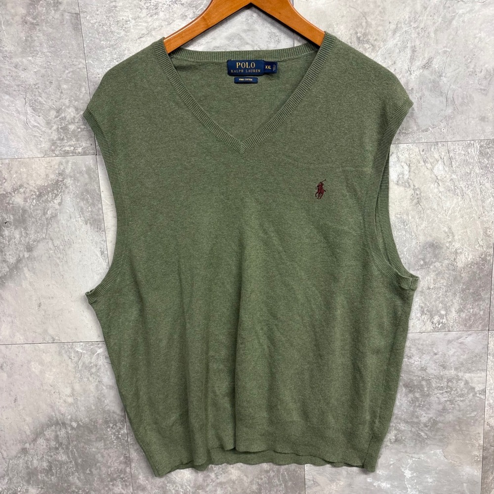 Polo Ralph Lauren Mens XXL Pima Cotton V-Neck Sweater Vest Olive Green Pony Logo